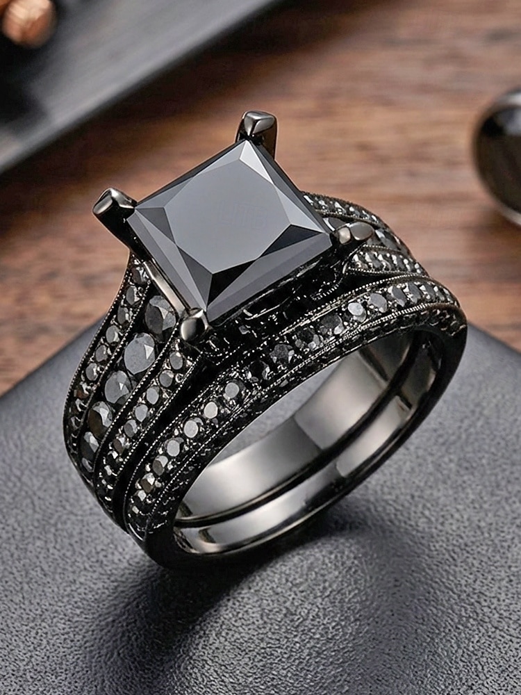 Σετ ανδρικών δαχτυλιδιών με μαύρη πέτρα, κράμα αλουμινίου vintage γοτθικού στιλ με τετράγωνο κόσμημα, πολύχρωμες επιλογές για βέρες, αρραβώνες, πάρτι και καθημερινή casual ένδυση 2026 - $11.99 –P2