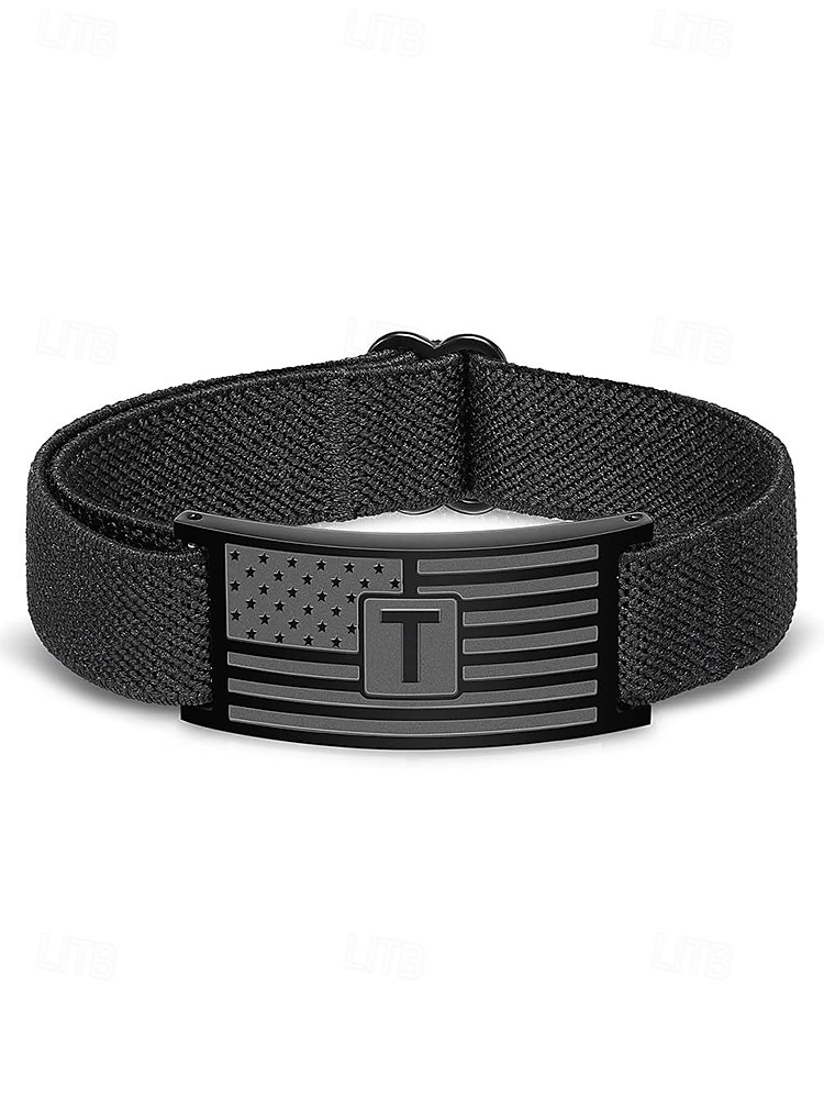 Men's Adjustable Alphabet Bracelet with Stainless Steel Flag Plate, Polyester Elastic Band, 26 Initial Letters, Patriotic Wristband for US 250th Anniversary & Independence Day 2026 - $11.99 –P7