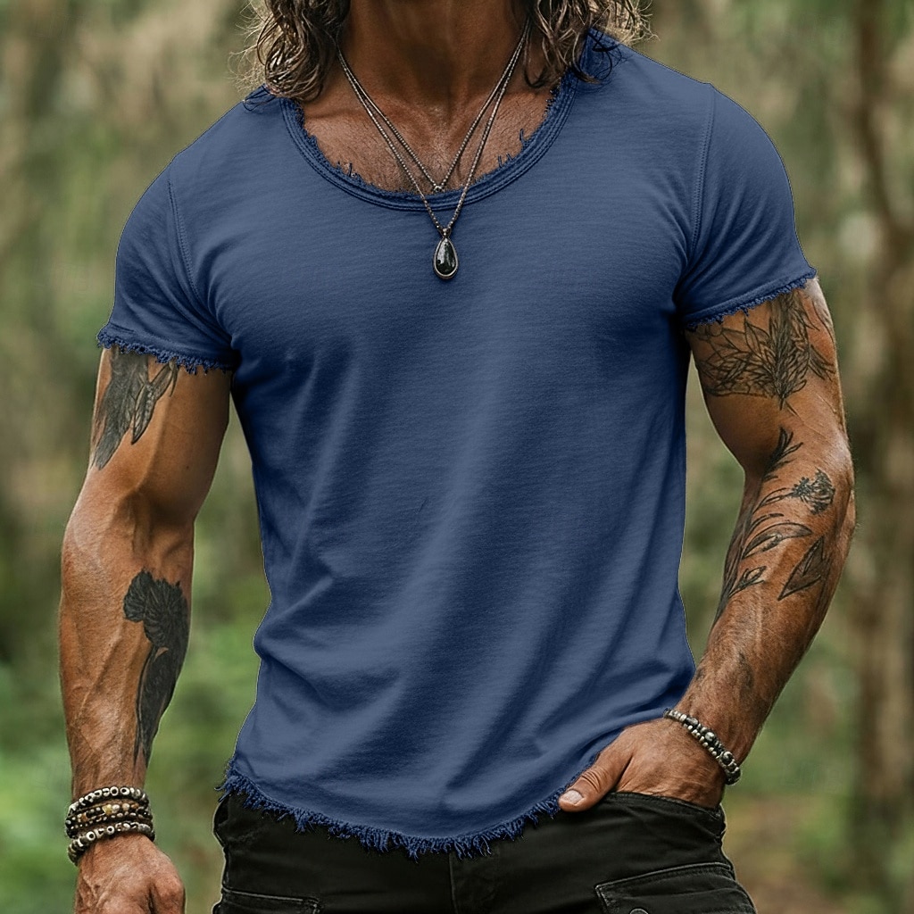 Herre T-skjorte T-skjorte i lin Kortermet Kort Erme Crew-hals Sommer عادي Mote Designer Grunnleggende Myk Rå Kant Avslappet Feriereise Gate Hvit Topp T-skjorte for menn 2026 - $21.99 –P11