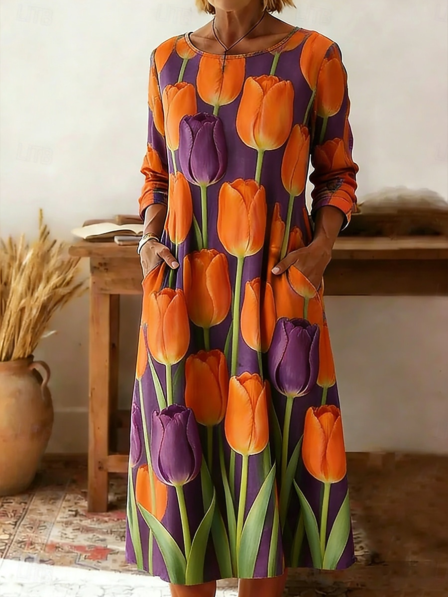 Damen Midikleid Etui-Kleid T-Shirt-Kleid Urlaub Lässig Boho Ferien Date Normale Passform Blumen Grafik Langarm Rundhalsausschnitt Weiß Gelb Rosa Orange Sommer Frühling 2026 - $32.99 –P1