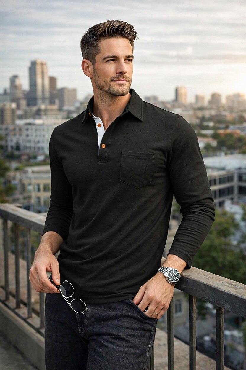 Herren Poloshirts Golf Poloshirts Lässig Arbeit Klassisch Langarm Farbblock Knöpfe Sommer Frühling Frühling & Herbst Normale Passform Blau Schwarz Wein Purpur Armeegrün Kaffee Poloshirts 2026 - $27.99 –P1