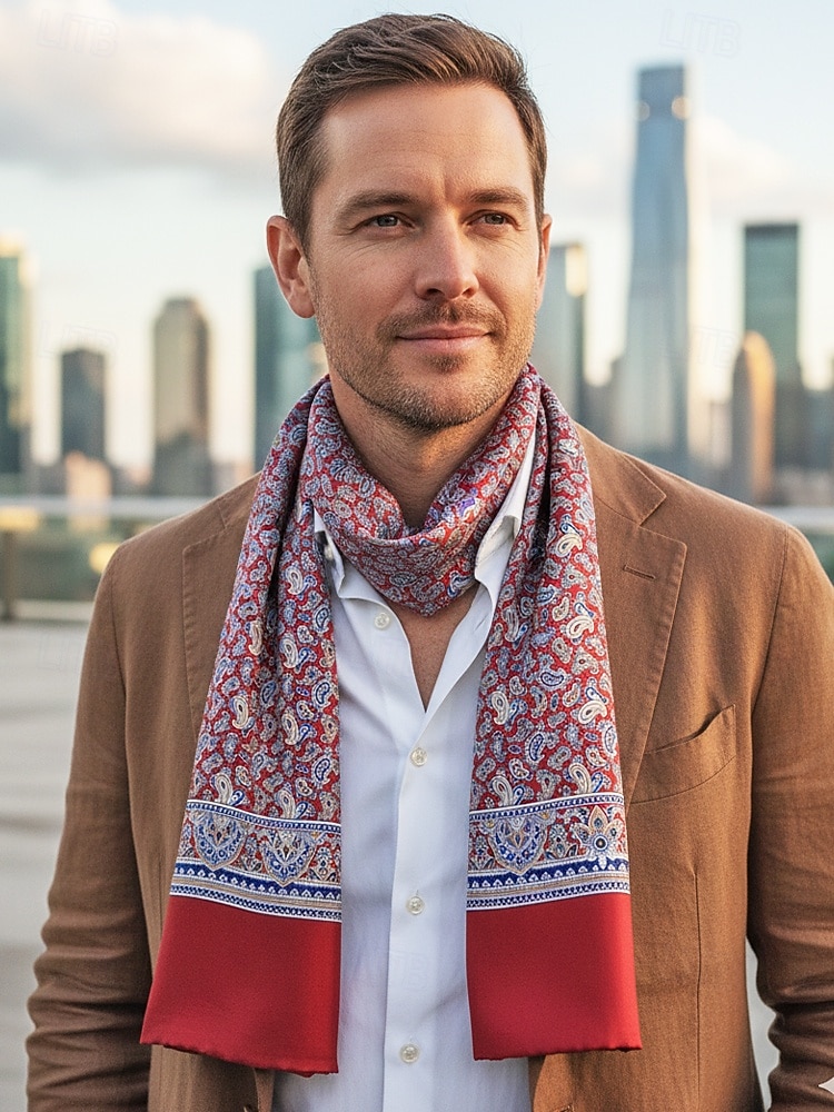 2026年 メンズペイズリープリントスカーフ、マルチカラーパターンのポリエステル軽量ネックスカーフ、男性用のクラシックでエレガントなスタイル、普段着、ビジネスカジュアル、パーティー、季節のスタイリングに最適  コレクション – $9.99 –P1