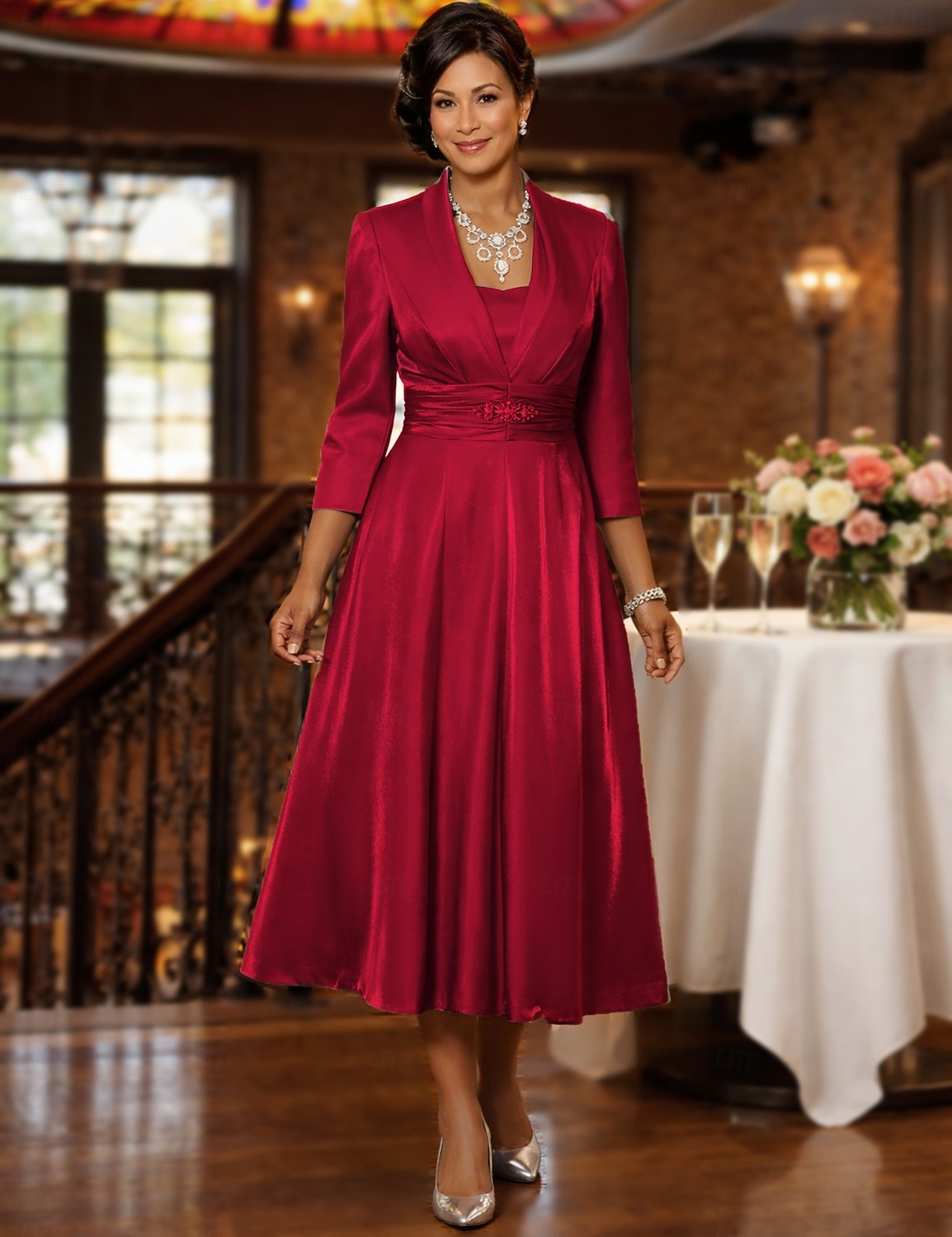 Duas Peças Linha A Longuette Vestido de convidada de casamento Vestido Para Mãe dos Noivos Manga 3/4 Decote Quadrado Elegante Vintage Tamanhos Grandes Convidado do casamento Vestidos de jaqueta com de 2026 por $172.99 –P6