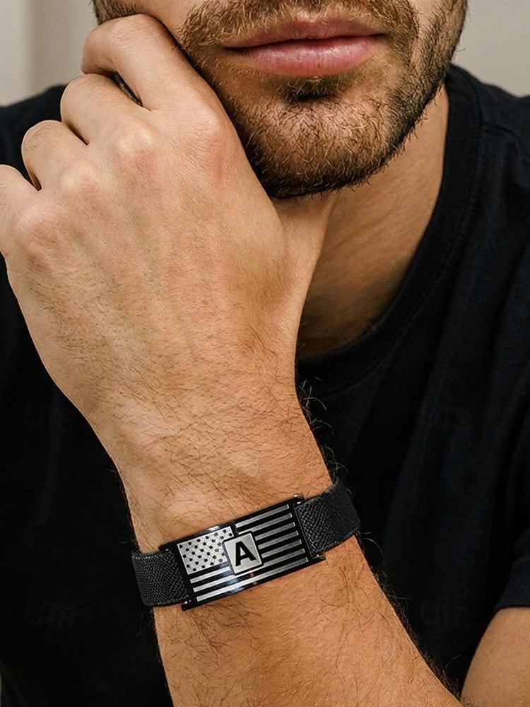 Men's Adjustable Alphabet Bracelet with Stainless Steel Flag Plate, Polyester Elastic Band, 26 Initial Letters, Patriotic Wristband for US 250th Anniversary & Independence Day 2026 - $11.99 –P3