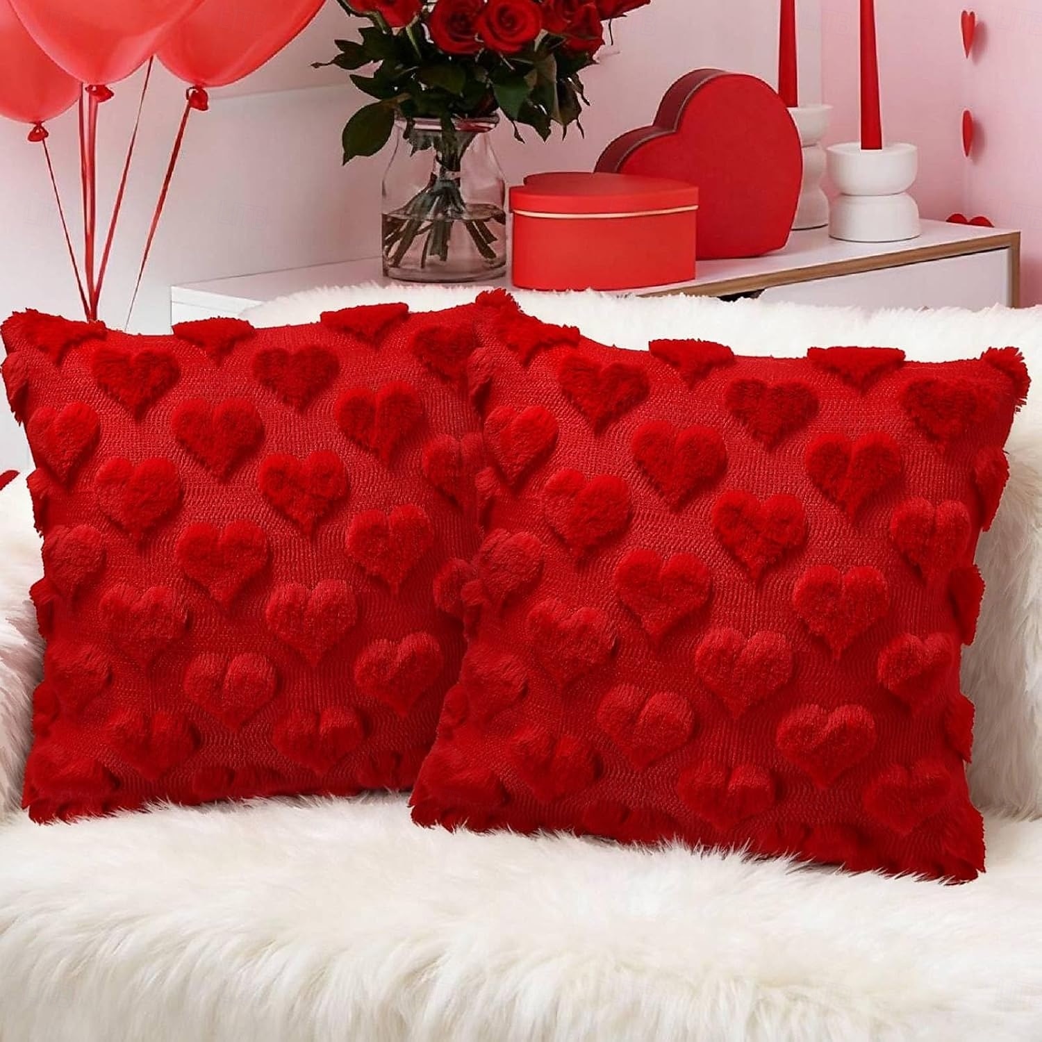 Valentines Day Decorations Pillow Covers - 18x18 inch Set of 2 Heart Shaped Pattern Faux Fur Soft Plush Throw Pillows Case for Indoor Outdoor Sofa Bedroom Living Room Festivals Anniversary Home Decor 2026 - $12.99 –P8