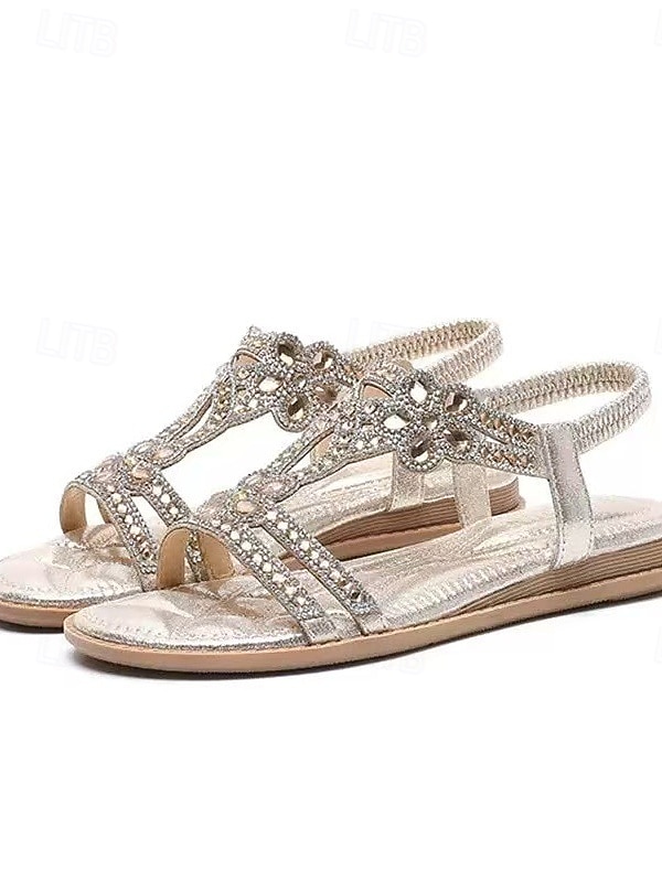 2026年 クリスタルのディテールが施されたシルバーの装飾が施された女性用フラットサンダル。ビーチでの結婚式に最適なエレガントなブライダルシューズ。  コレクション – $29.99 –P6