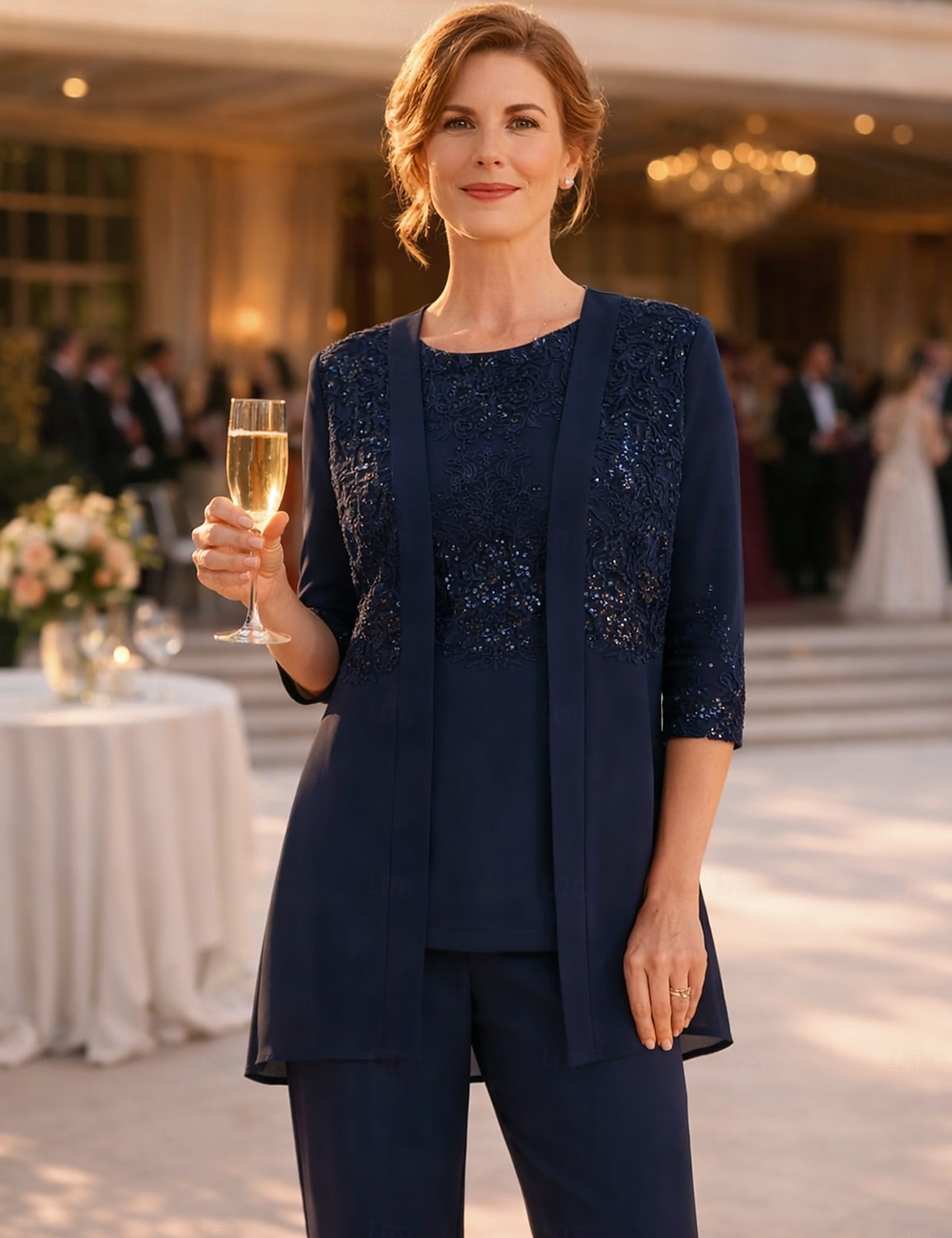 Ensemble pantalon robe mère de la mariée longueur de cheville manches ¾ col ras du cou élégante vintage formelle invité au mariage avec couleur unie de 2026 ? $183.99 –P2