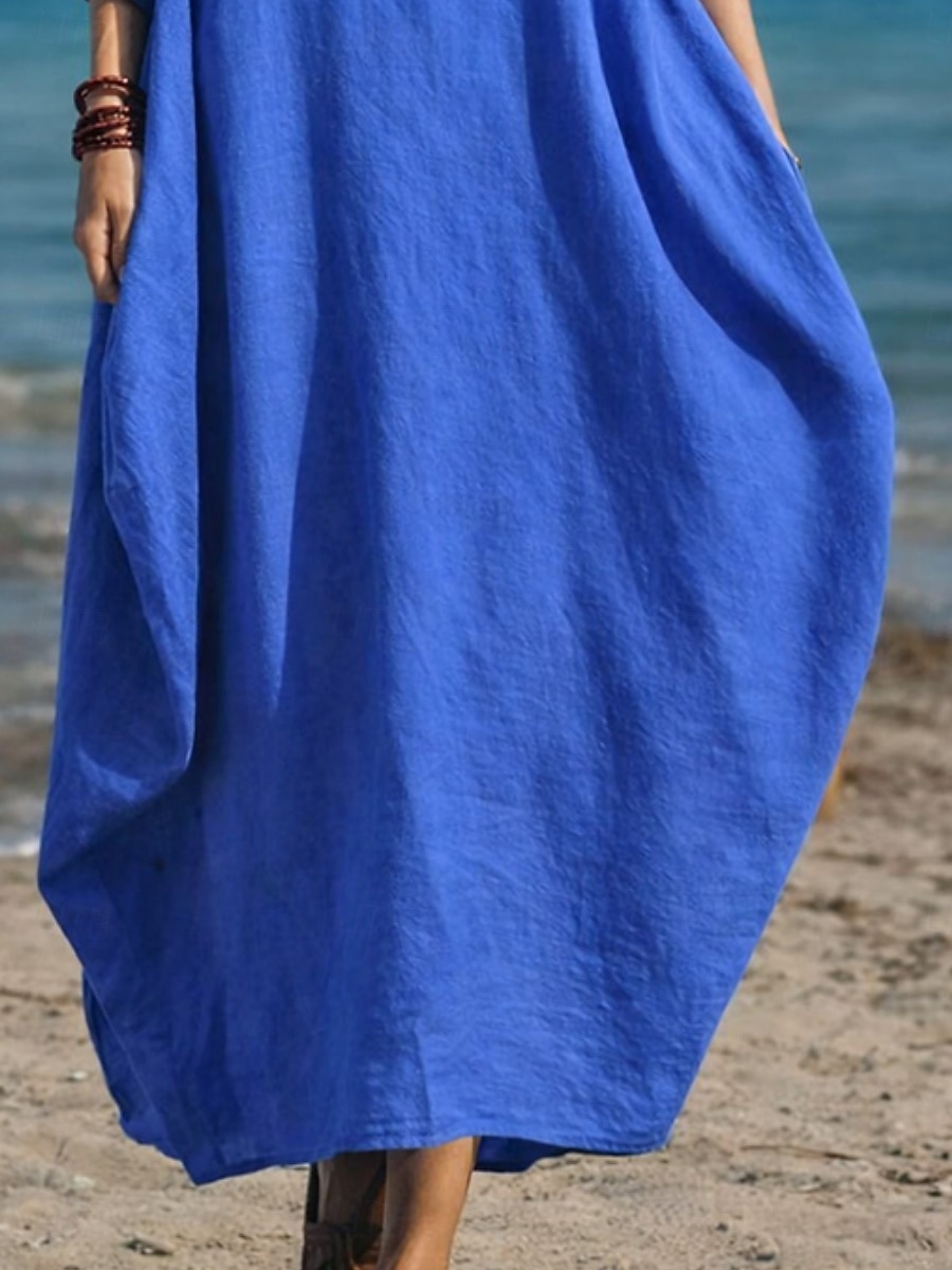 Women's Cotton Linen Maxi Dress Shift Dress Casual Daily Regular Fit Plain 3/4 Length Sleeve Crew Neck Blue White Red Dark Green Summer Spring Fall 2026 - $14.99 –P5