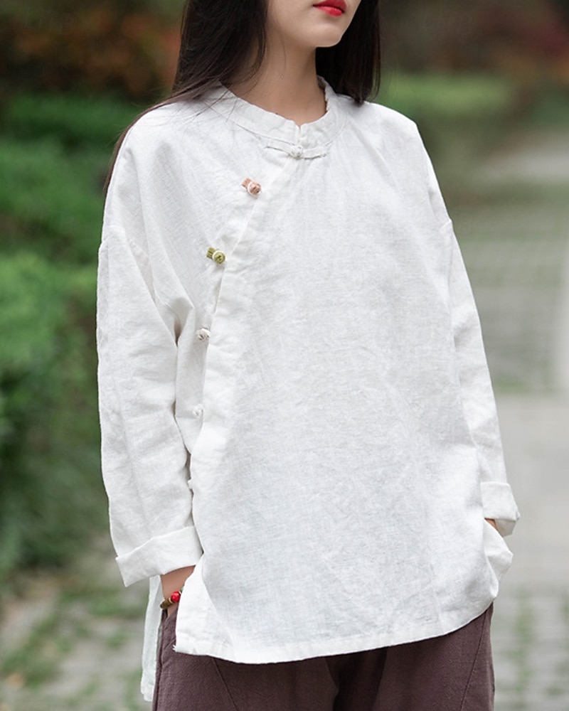 Camicia da donna a maniche lunghe con colletto alla coreana in lino biologico del 2026 a $45.99 –P8