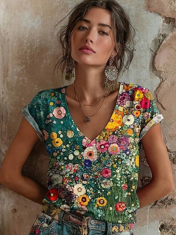 Damskie Podkoszulek Nadruk Kwiaty Graficzny Zabytkowe Elegancki Klasyczny Krótki rękaw W serek Zwykłe topy Codzienny jesion Czarny Jasnozielony Czerwony Zielony Lato Wiosna 2026 - $21.99 –P1