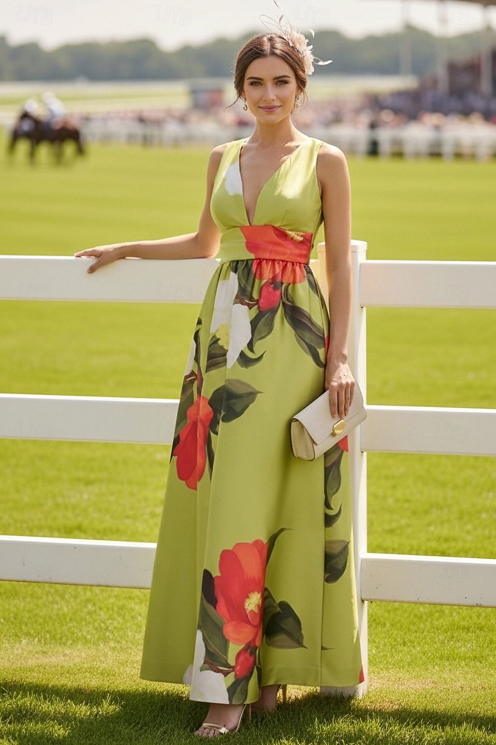 Linea ad A Lunghezza al pavimento Abito da invitata a nozze Abito Formale Abito Derby Abito da cerimonia per signora Senza Maniche Scollo a V Elegante Formale Ferie Derby del Kentucky Raso con Fascia del 2026 a $195.99 –P1