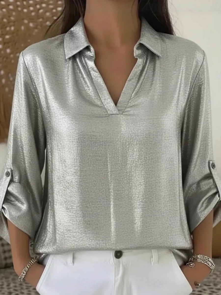 Damskie Koszula Codzienna koszula Równina Zabytkowe Elegancki Klasyczny Długi rękaw W serek Zwykłe topy Codzienny Święto Wyjściowe Czarny Biały Czerwony Złoty Wiosna Jesień 2026 - $29.99 –P4