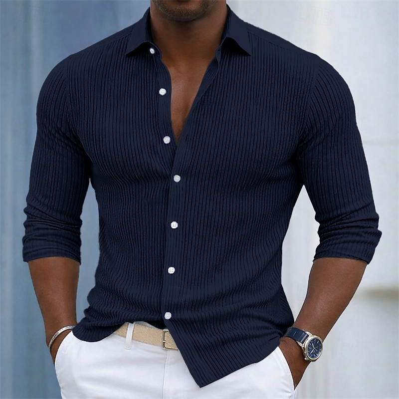 Homens Camisa Social Malha canelada Textura Camisa casual camisa de botão Azul Branco Azul Marinha Cinzento Manga Longa Tecido Tiras verticais Colarinho de Camisa Casual Diário Bolso frontal Roupa de 2026 por $31.99 –P3