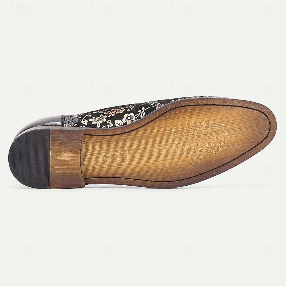 Κομψά ανδρικά δερμάτινα νυφικά παπούτσια - μαύρα με χρυσό φλοράλ μοτίβο, υποδήματα υψηλής ποιότητας για γάμους και επίσημες γιορτές 2026 - $109.99 –P9