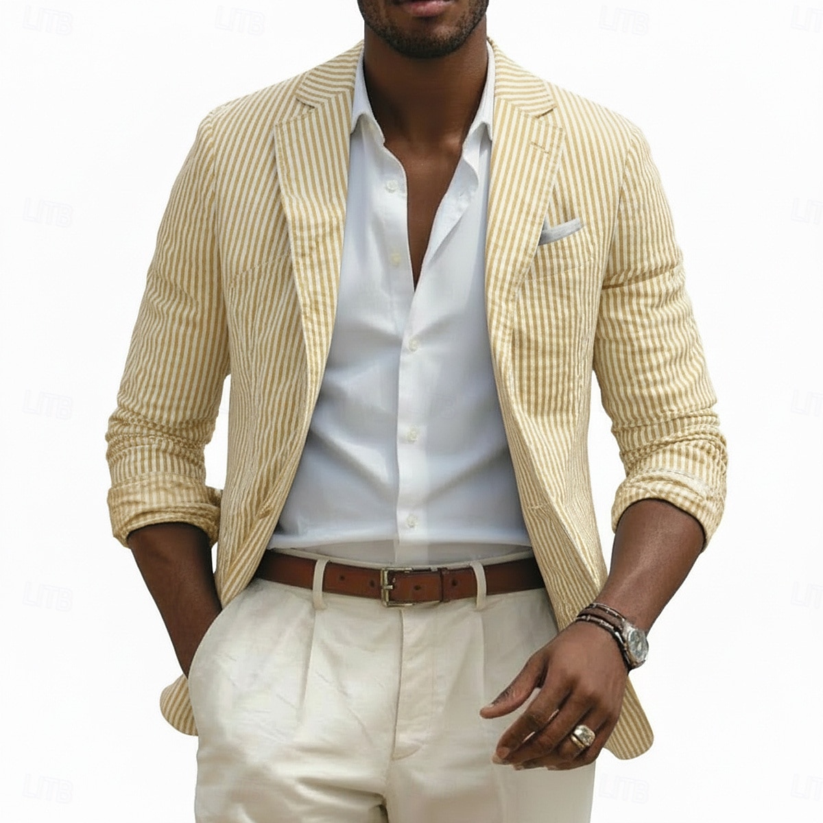 Chaqueta blazer para hombre, de seersucker, con cuello de muesca, ligera, informal, a rayas, en amarillo, rosa, azul cielo, corte entallado, botonadura sencilla, dos botones. 2026 - ZAR R1261 –P5