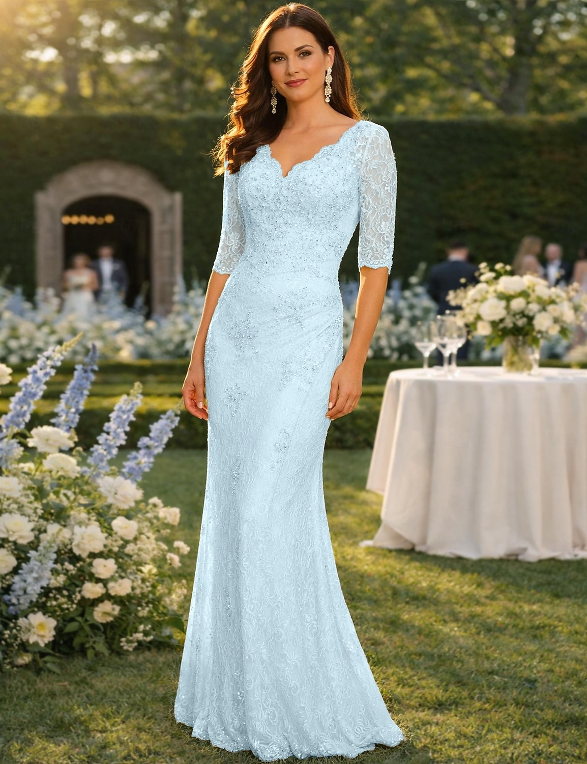 Sirène Trompette Longueur au sol Robe d'invité de mariage Robe de Cérémonie Robe de soirée Robe de Mère de Mariée  Demi Manches Col en V Grande taille Sexy robe demoiselle d honneur Chiffon Dentelle de 2026 ? $229.99 –P6