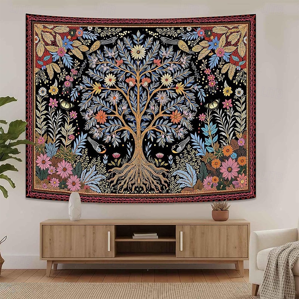 Tapeçaria de parede vintage estética com árvore da vida, fundo floral botânico da natureza, decoração boêmia para quarto, arte de parede grande para decoração de apartamento ou dormitório. de 2026 por $19.99 –P9