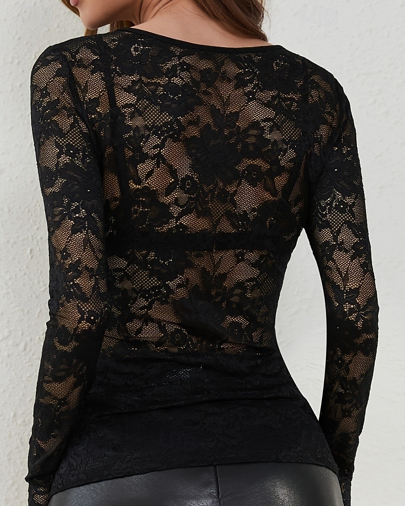 Per donna Blusa Top in pizzo Pizzo Floreale Semplice Elegante Sexy Moderno Manica Lunga Scollo a V Top Regolari Quotidiano Ferie Uscire Blu Nero Bianco Vino Verde Estate Primavera Autunno Inverno del 2026 a $8.49 –P3