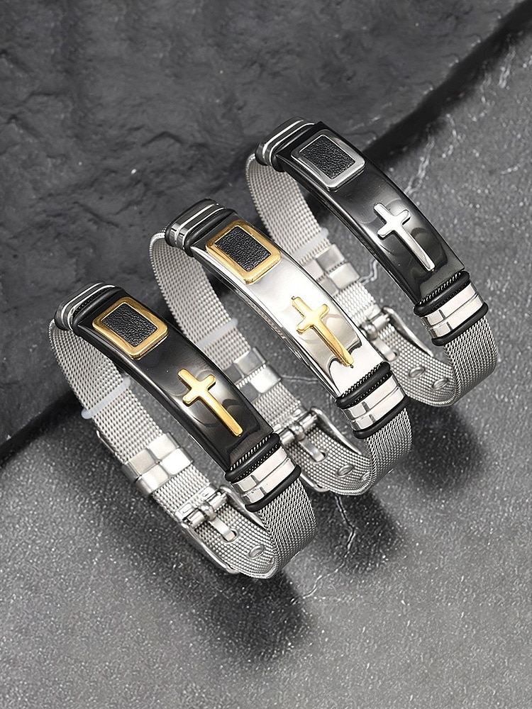 Miesten ruostumattomasta teräksestä valmistettu ristirannekoru – useita värivaihtoehtoja, kestävä ja tyylikäs, täydellinen rentoon ja arkeen 2026 - $11.99 –P4