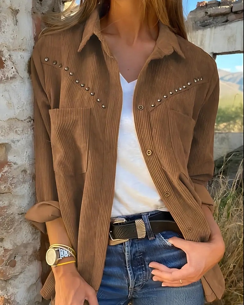 Per donna Camicia Camicia button-down Camicia casual Tasca Bottoni Semplice Vintage Elegante Classico Manica Lunga Colletto a Camicia Top Regolari Quotidiano Ferie Uscire Marrone Verde Estate del 2026 a $42.99 –P1