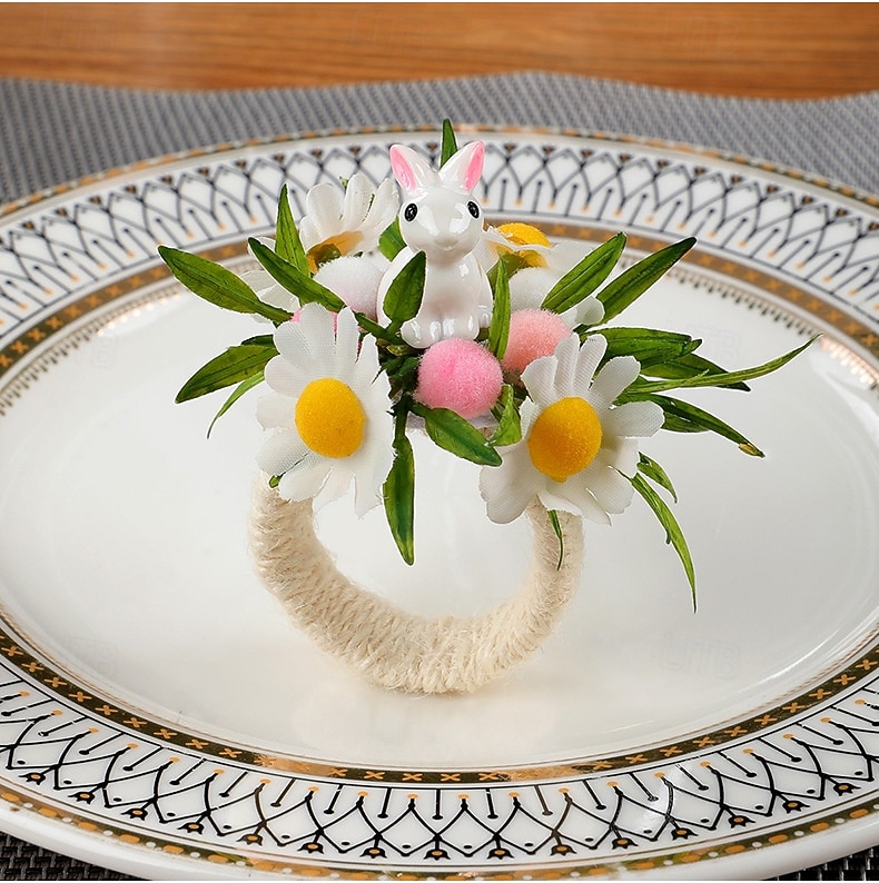6 st servettringar med påskhare, servetthållare med vårblommor och kanin, spräckliga ägg och prästkragar, bordsdekorationer i lantlig stil för påskmiddag, gröna servettringar 2026 - $19.99 –P10