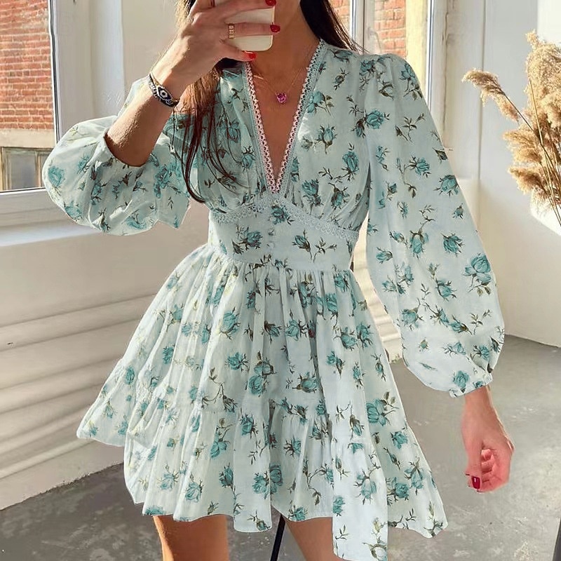 Women's Mini Dress A Line Dress Slip Dress Vacation Casual Outdoor Going out Regular Fit Floral Long Sleeve V Neck White Purple Green Summer Spring Fall 2026 - $26.99 –P2