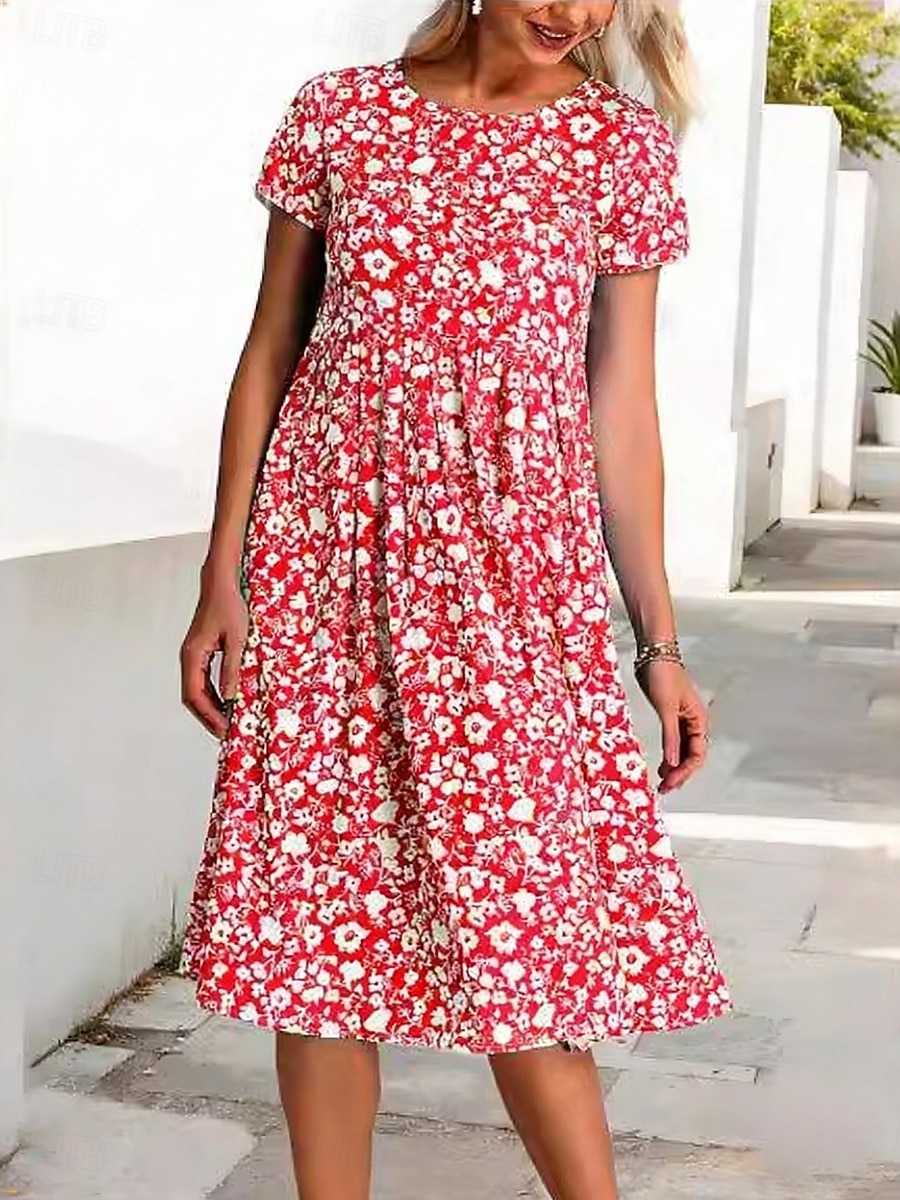 Per donna Abito Midi Abito Floreale Abito Stampato Moda Moderno All'aperto Vacanza Weekend Vestibilità comoda Floreale Manica Corta Girocollo Blu Rosso Viola Verde Estate Primavera del 2026 a $22.99 –P3