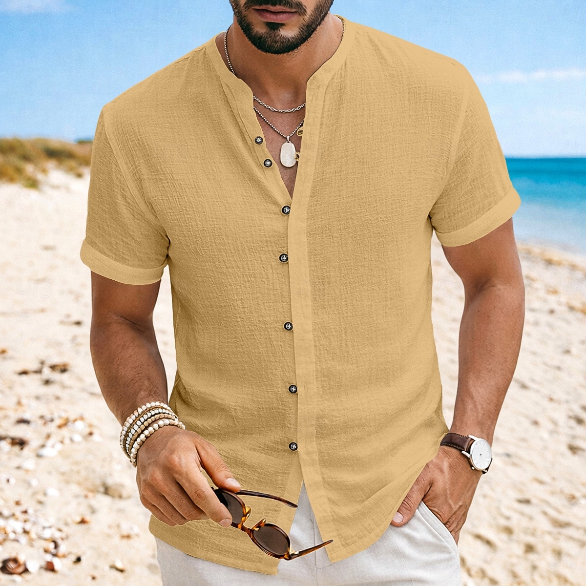 Homme Chemise Chemise en lin Chemise d'été Tenue de plage Chemise à col officier Chemise Boutonnée Uni Occasionnel Quotidien Noir Blanche Kaki Gris Manche Courte Col mandarin Été Vêtement Tenue de 2026 ? $24.99 –P9