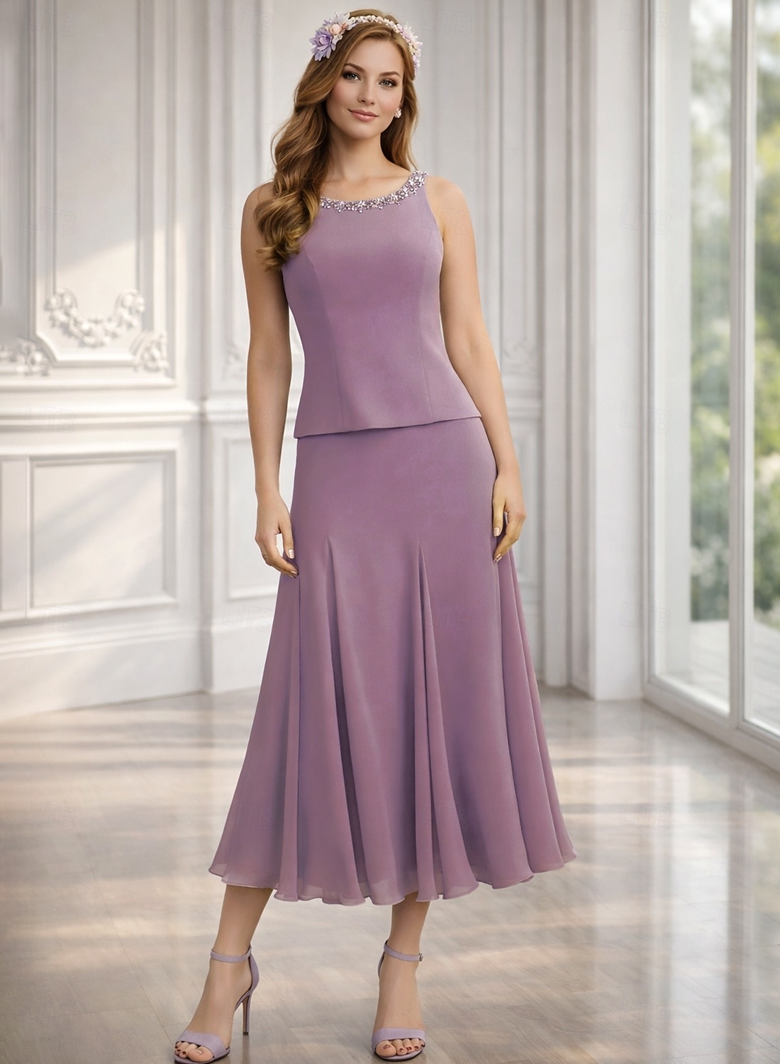 Two Piece A-Line Tea Length Wedding Guest Dress Mother of the Bride Dress 3/4 Length Sleeve Jewel Neck Elegant Wedding Guest Engagement Party Chiffon with Beading 2026 - $206.99 –P2