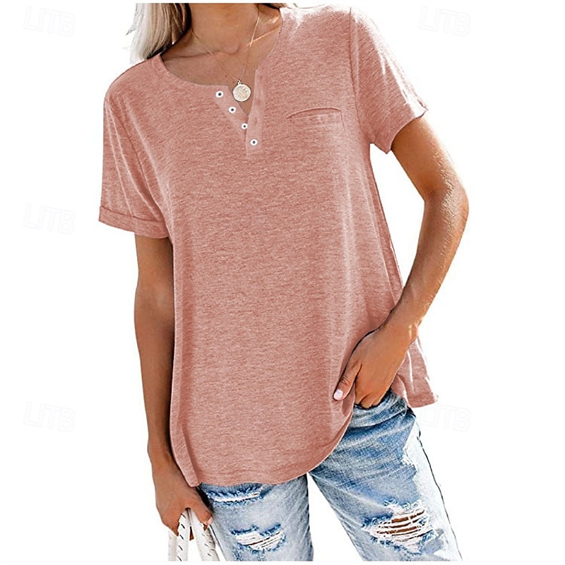 Mujer Tops de verano Blusa Frunce Retazos Bolsillo Color sólido Plano Elegante Vintage damas Manga Corta Escote en Pico Tops regulares Diario Trabajo Festivos Rosa Morado Verde Trébol Caqui Verano 2026 - $29.99 –P5