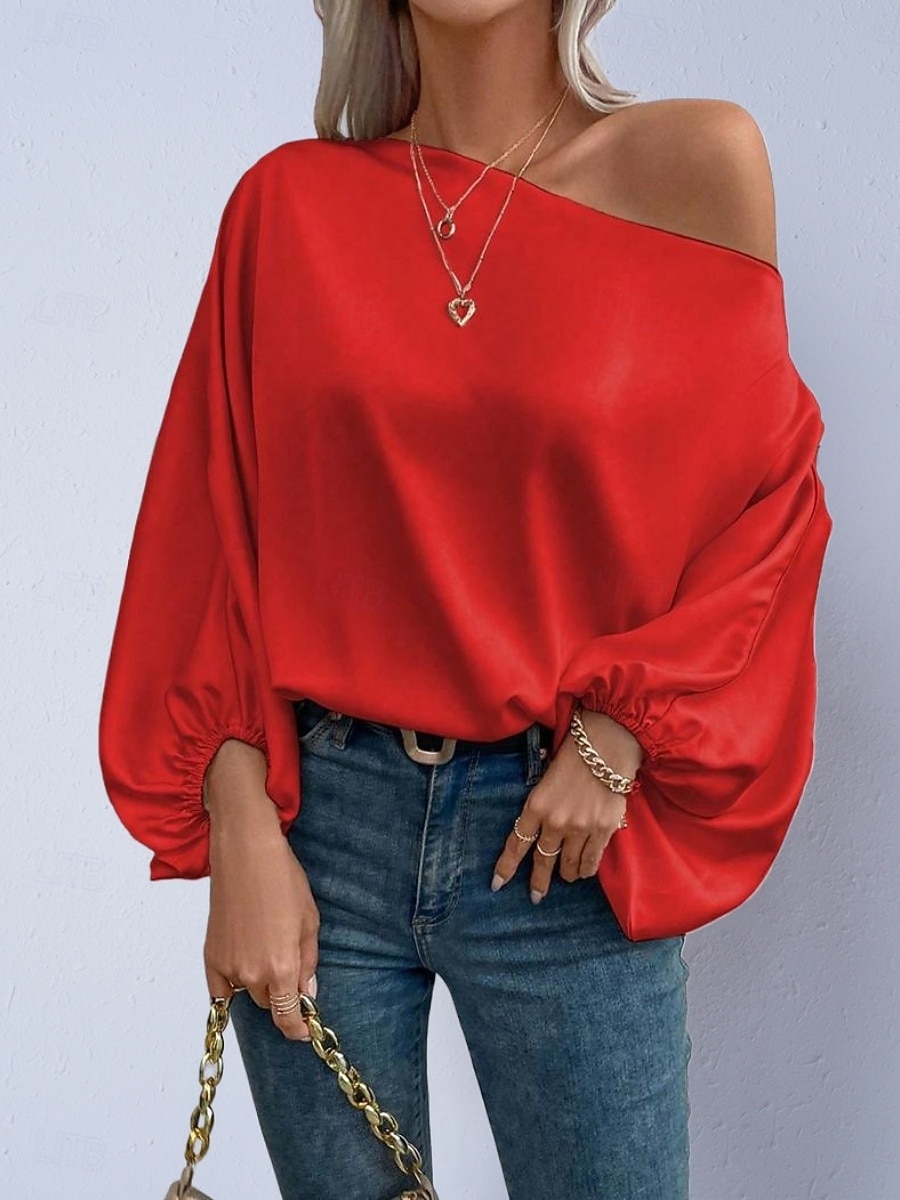Dames Overhemd Satijnen overhemd Blouse Tops met blote schouders Effen Stijlvol Klassiek Modern Lange mouw Schouderafhangend Normale tops Dagelijks Feestdagen Uitgaan blauw Zwart Blozend Roze Rood 2026 - $27.99 –P13