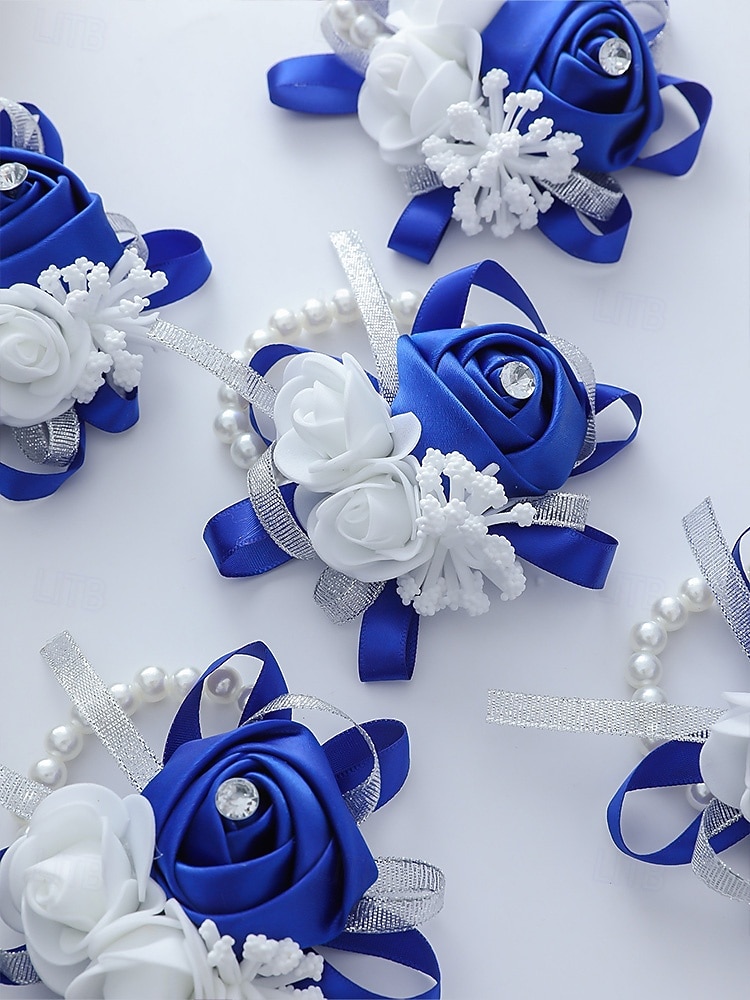 Ramillete de muñeca de rosas para mujer, flor de cinta de poliéster con pulsera elástica de perlas falsas, varios colores, accesorio elegante para damas de honor y novias para bodas, bailes de graduación y eventos formales. 2026 - $9.99 –P11