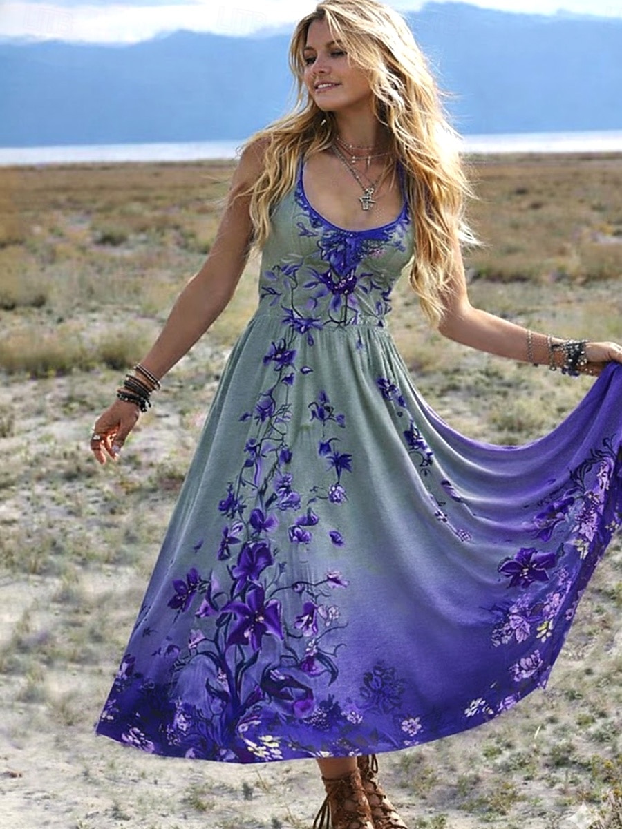 Women's Maxi Dress Sundress A Line Dress Slip Dress Pleated Dress Vacation Casual Boho Daily Beach Holiday Regular Fit Floral Graphic Sleeveless U
