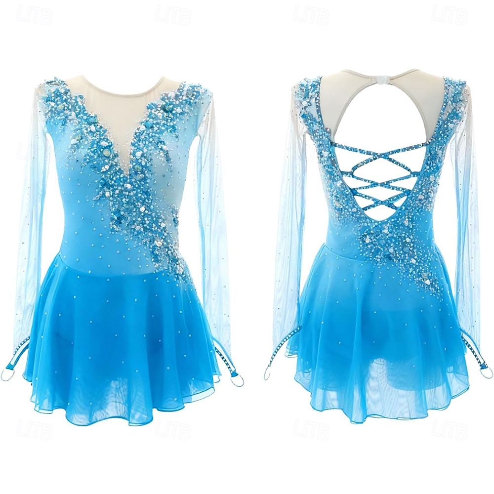 Robe de patinage artistique Femmes Patinage Robe Bleu marine Noir Jaune Patchwork Trou de pouce Élastique Entraînement Compétition Tenue de Patinage Classique cristal pailleté manche longue Patinage de 2026 ? $275.09 –P5