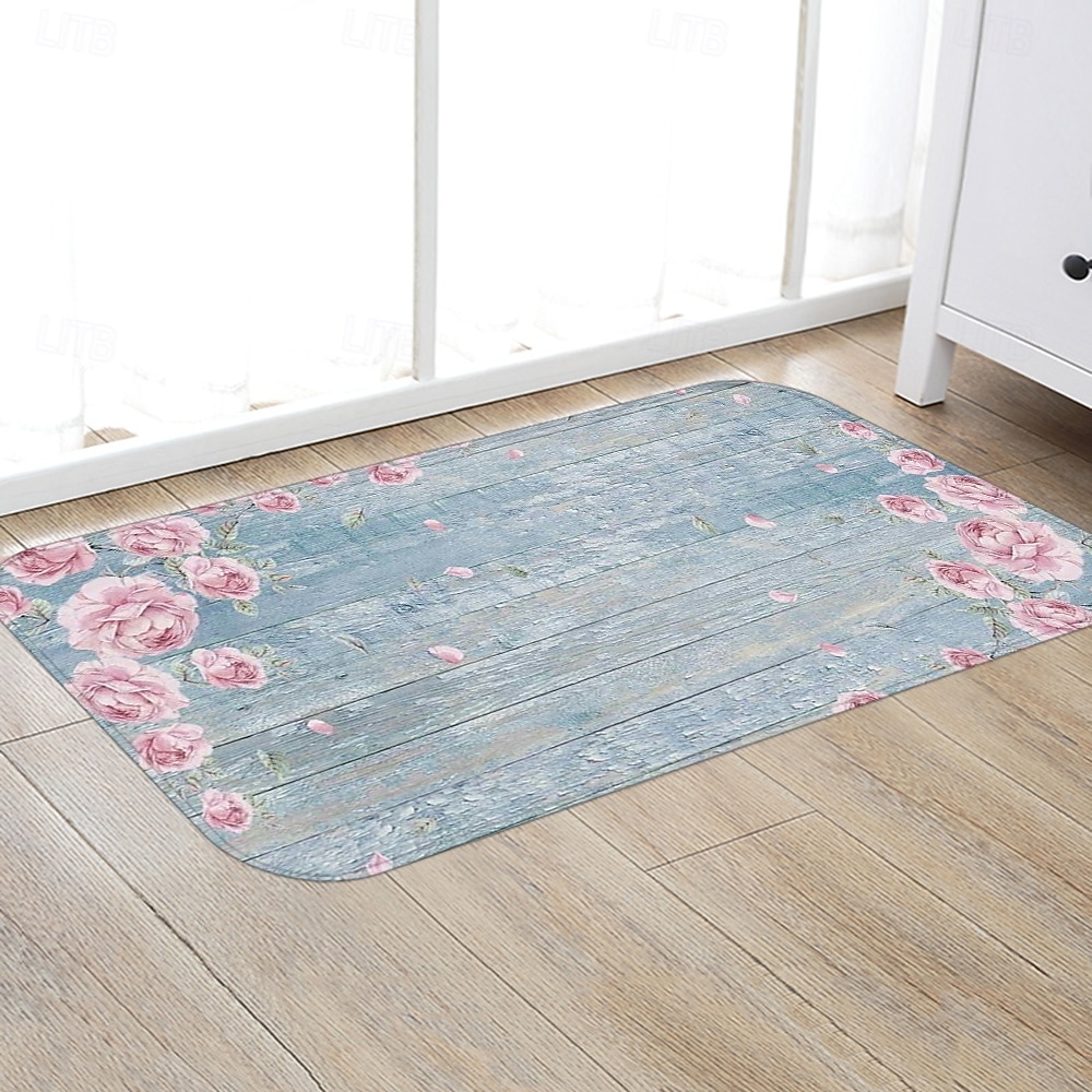 Běžecký koberec do předsíně, rostlina, květina, dřevěná deska, vzor, flanelová tkanina, potištěná podlahová rohožka, protiskluzová měkká rohožka do dveří, vchod, koupelna, domácí podlahová dekorace, 2026 - $17.99 –P4