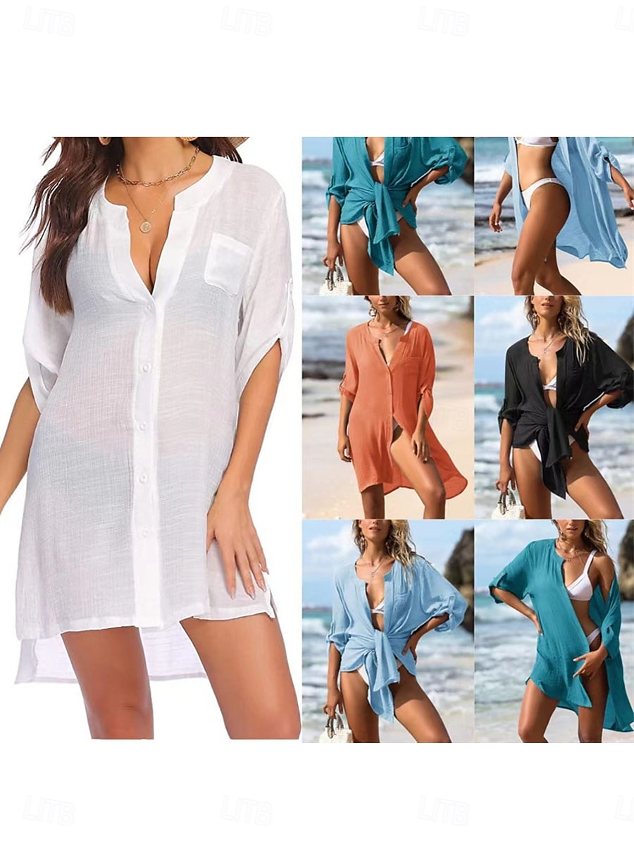 Per donna Mini Abito Abito Bianco Abito da Spiaggia Abito nero Copricostume Elegante Moda Classico Quotidiano All'aperto Spiaggia Vestibilità comoda Semplice Mezza Manica Scollo a V Blu Nero Bianco del 2026 a $28.99 –P1