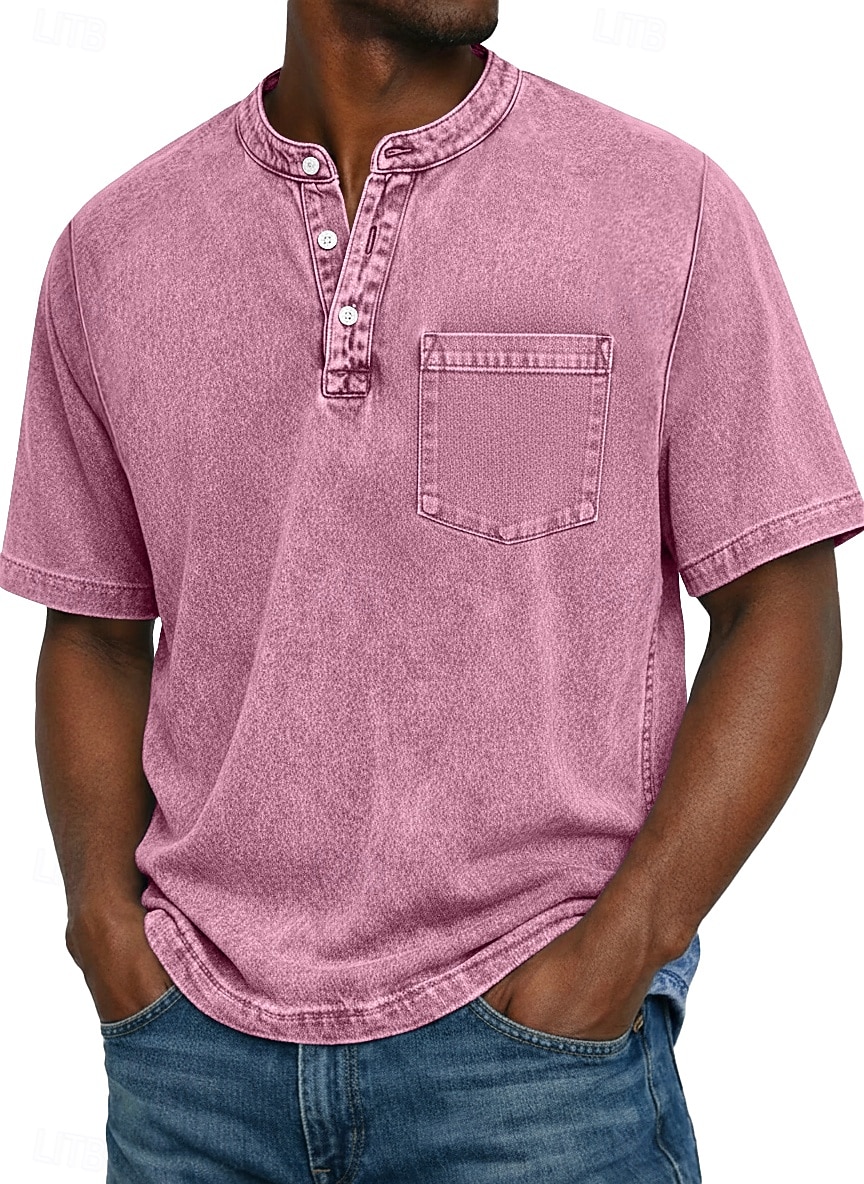 Herre Henly-skjorte 100% bomullssyre-vaskeskjorte T-skjorte T-skjorte Kortermet Ensfarget Retro / vintage Fritid Lomme Gammeldags stil Vasket Henley Avslappet Sommer Vår Høst Svart Rosa Lysegrønn 2026 - $31.99 –P5