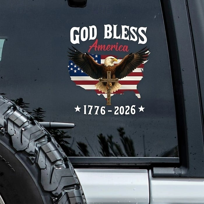 Patriottische autoraamsticker ter ere van het 250-jarig jubileum van de VS: God zegene Amerika, adelaar 1776-2026, jubileumstickers met adelaar, stickers met de Amerikaanse onafhankelijkheidsvlag, duurzame vinylstickers voor autoruiten 2026 - $9.99 –P1