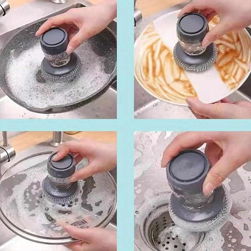 1 kartáč na nádobí s dávkovačem mýdla se 7 náhradními díly, kartáč na nádobí s dávkovačem mýdla, multifunkční čisticí nástroj lisovacího typu, prostorově úsporný čistič kuchyně/koupelny/grilu na 2026 - $16.99 –P9