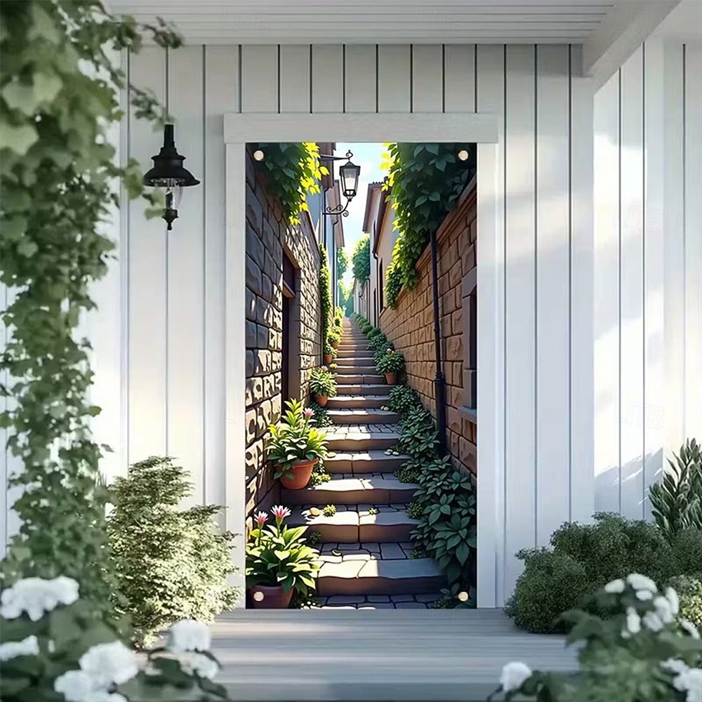 Bannière 3D représentant une vieille ruelle, des escaliers en pierre, une vue de rue méditerranéenne, un rideau de porte réaliste et pittoresque, idéal pour la décoration de votre porte d'entrée. de 2026 ? $17.99 –P2