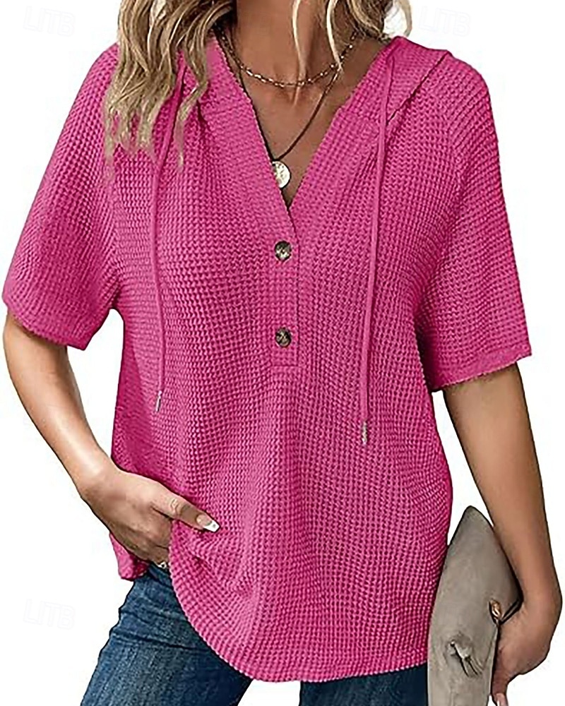 Dame Skjorte Bluse Lapper Knapper عادي Elegant Stilfull Klassisk Kortermet Med hette Vanlige topper Daglig Ferie Ut på byen Svart Hvit Rosa Rød Navyblå Sommer Vår 2026 - $29.99 –P4