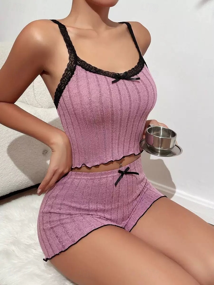Femmes Ensemble Pyjama Occasionnel Confort Couleur Unie Dentelle Taille Élastique Shorts Quotidien Maison Sans manches Bretelles Bleu Blanche Rose Claire Vin Gris Été Printemps Coupe régulière de 2026 ? $14.99 –P4