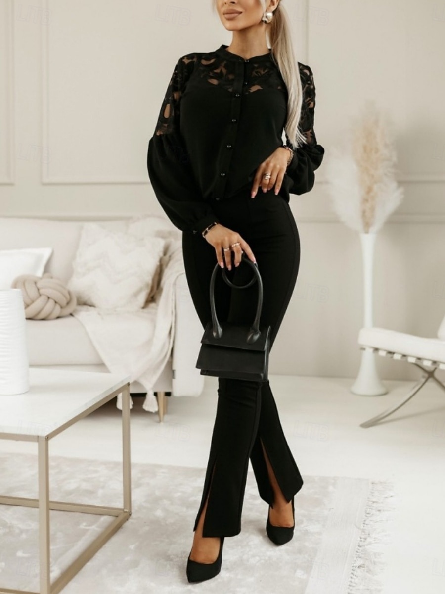 Women's Blouse Pleated Patchwork Solid Color Elegant Stylish Casual Long Sleeve High Neck Regular Tops Daily Black White Summer Spring Fall 2026 - SGD S$36.97 –P6