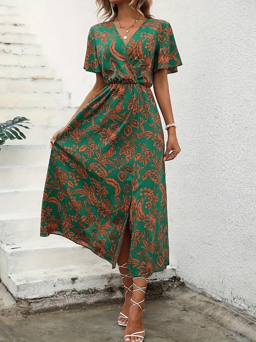 Per donna Abito Lungo Maxi Abito Abito Floreale Abito Boho Elegante Moda Moderno Quotidiano All'aperto Vacanza Vestibilità regolare Floreale Manica Corta Scollo a V Viola Verde Estate Primavera del 2026 a $22.99 –P2