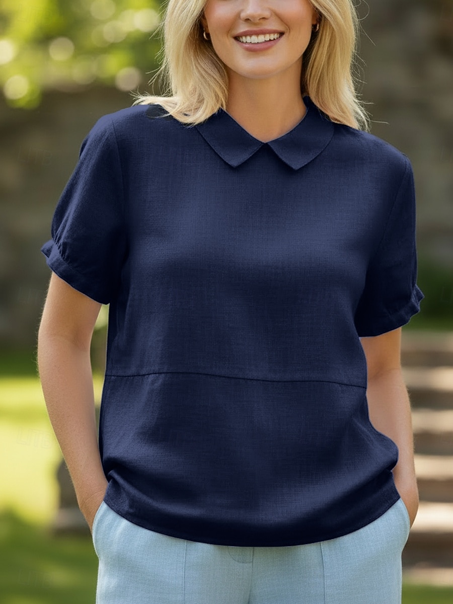 maglietta da donna 100% cotone, arricciata, tinta unita, classica, casual, maniche corte, colletto, top regolare, per tutti i giorni, per uscire, per il fine settimana, blu, bianco, rosa, azzurro, estate, primavera del 2026 a $22.99 –P4