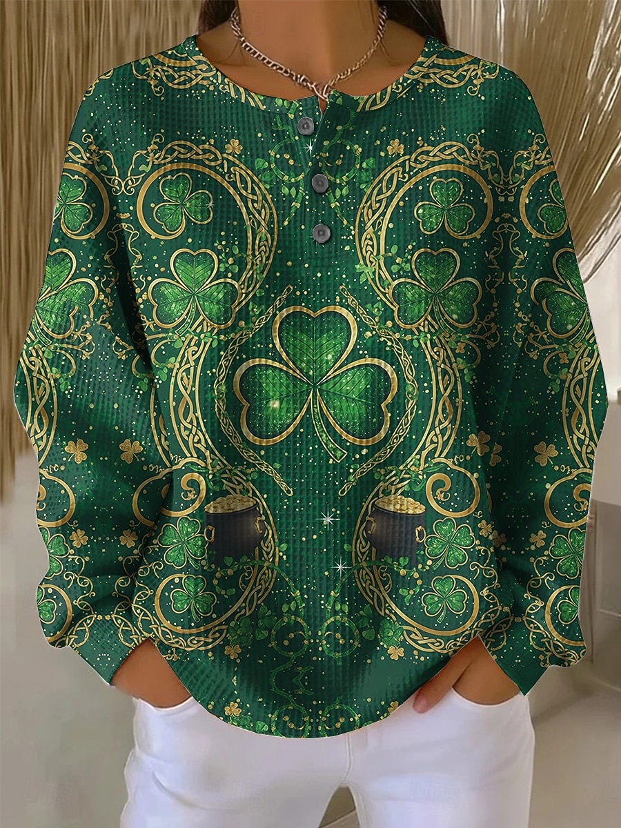 سويت شيرت نسائي من سانت باتريك بمناسبة يوم القديس باتريك برسومات شامروك، دافئ، كلاسيكي، غير رسمي، بأكمام طويلة، رقبة دائرية، أعلى عادي، ملابس يومية، طباعة أزرار، أخضر 2026 - $26.99 –P6
