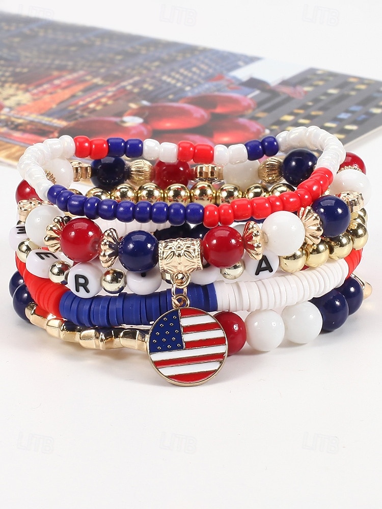 Юбилейный комплект многослойных браслетов для женщин к 250-летию США - сплавной материал с различными подвесками идеально подходит для Дня независимости и празднования в США 2026 - $11.99 –P7