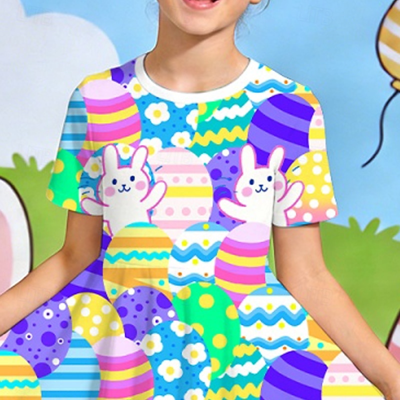 Velikonoce Girls ' 3D Grafika Králíček Šaty Krátký rukáv 3D tisk Léto Jaro Denní Dovolená Párty Roztomilý Základní Na běžné nošení Děti 4-12 let Volnočasové šaty Áčkové šaty Délka ke kolenům Běžný 2026 - $19.99 –P4