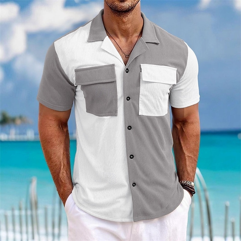Men's Shirt Waffle Shirt Casual Shirt Work Shirt Button Up Shirt Blue Black Green khaki Gray Short Sleeve Plain Cuban Collar Casual Daily Front Pocket Clothing Apparel Elegant Fashion Casual 2026 - $26.99 –P3