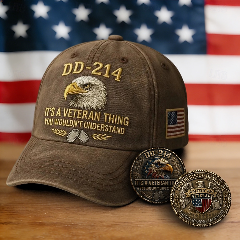 Șapcă de veteran DD-214 pentru bărbați cu 2 monede comemorative, șapcă de baseball militară retrasă cu imprimeu digital și grafică cu vultur pleșuv, șapcă casual reglabilă „It's a veteran thing”, 2026 - $31.99 –P1